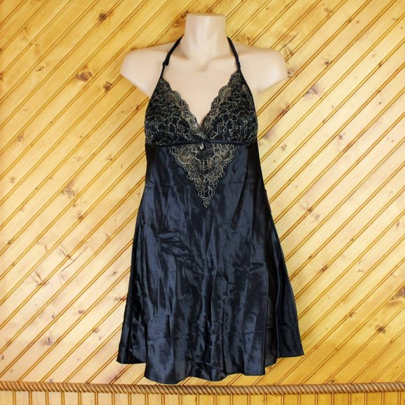 NWT La Vie en Rose Black Satin Nightie Lace Metallic Gold Small SW15 - Picture 3 of 10